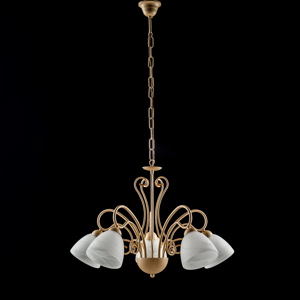 foto del prodotto lampadario classico 5 luci ferro avorio decap e vetro bianco serie antico