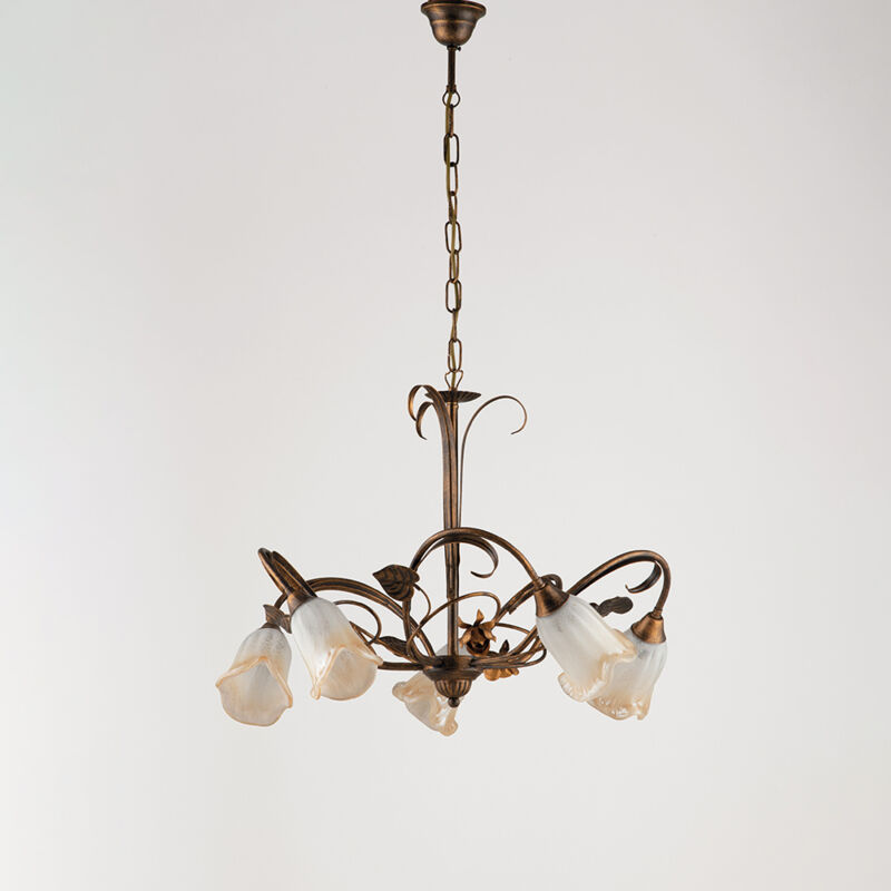 foto del prodotto lampadario classico arte povera 5 luci ferro battuto marrone e oro serie cestino