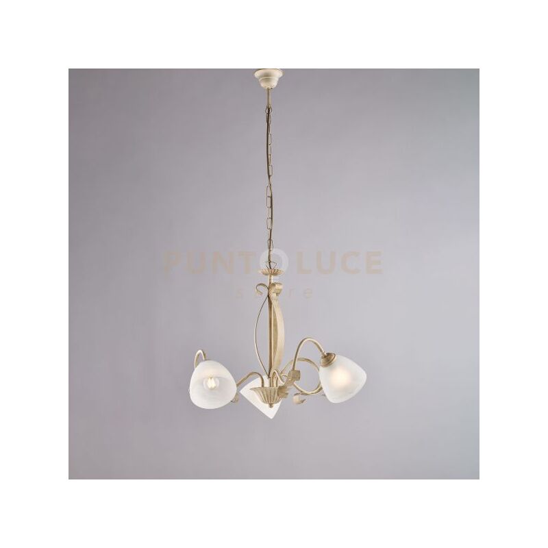 foto del prodotto lampadario classico forgiato 5 luci ferro avorio e oro vetro bianco