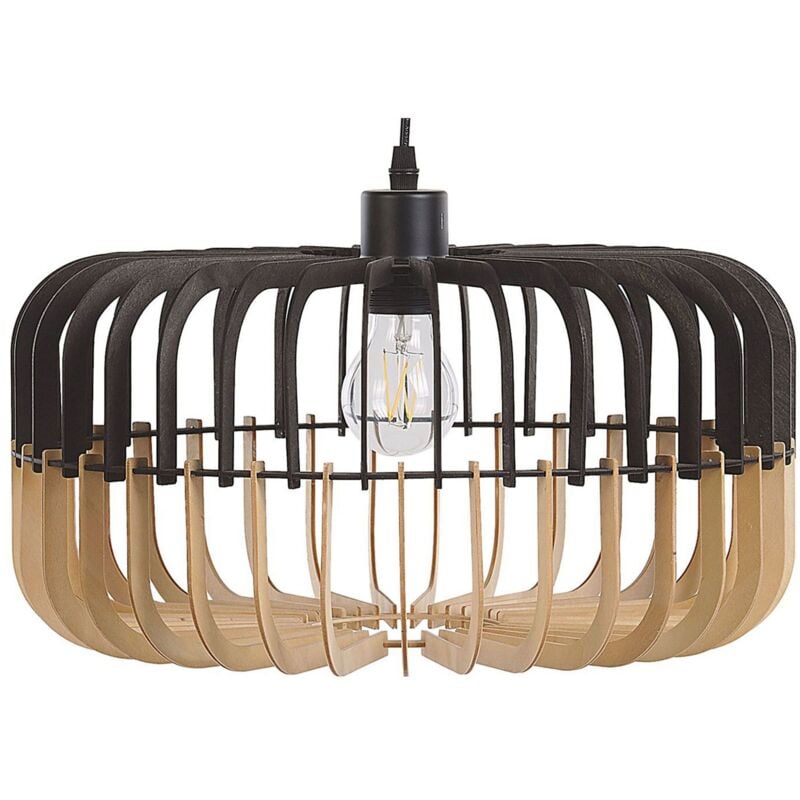 foto del prodotto lampadario colore legno chiaro e metallo nero paralume a forma tamburo sous