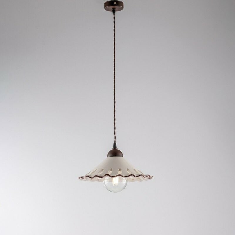 foto del prodotto lampadario con cavo in tessuto nero ruggine una luce paralume in ceramica bianco 30x h15 cm