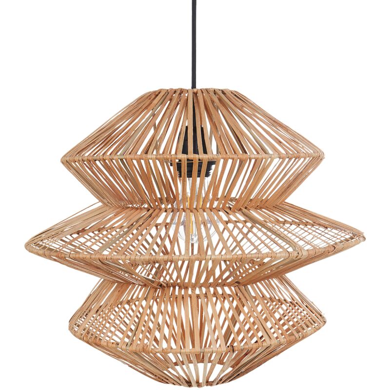 foto del prodotto lampadario con paralume in rattan e base in ferro in stile boho anduki naturale