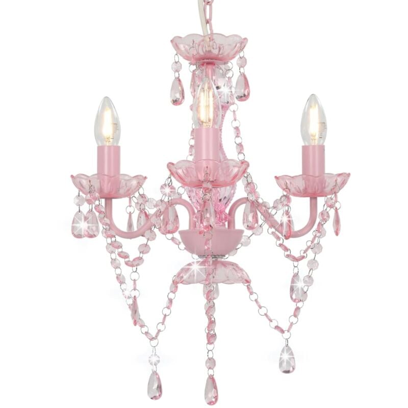 foto del prodotto lampadario con perline tondo 3 porta lampade e14 vari colori colore rosa