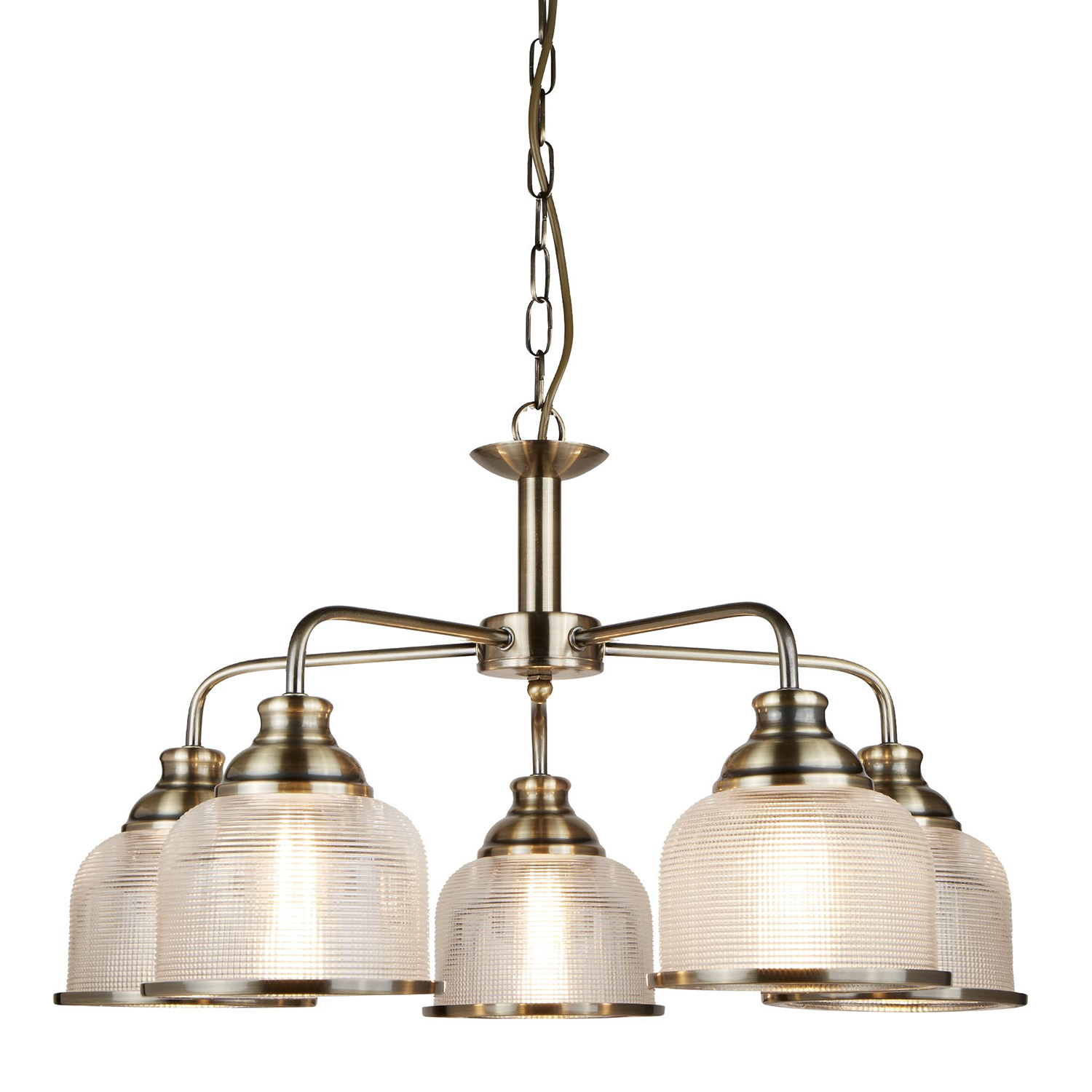 foto del prodotto lampadario contemporaneo bistrot ii acciaio ottone vetro trasparente 5 luci e27