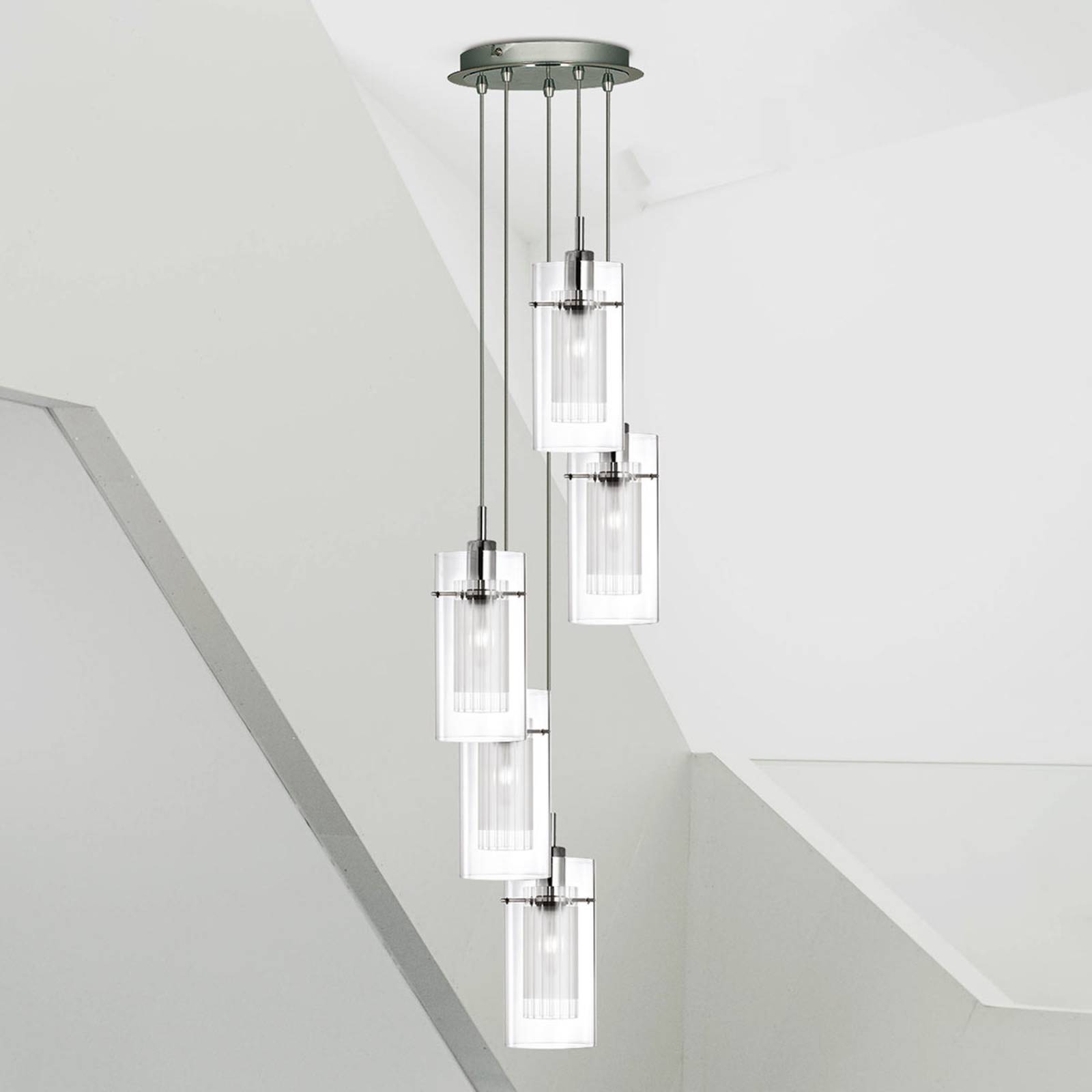 foto del prodotto lampadario contemporaneo duo 1 acciaio argento vetro cromo 5 luci e14