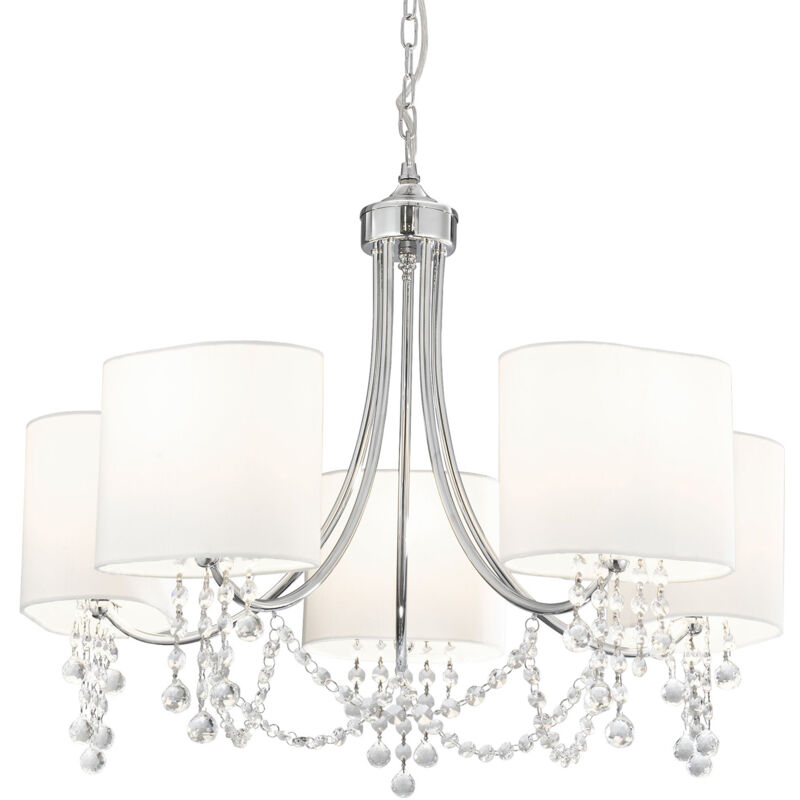 foto del prodotto lampadario contemporaneo nina acciaio cromo tessuto bianco 5 luci e14