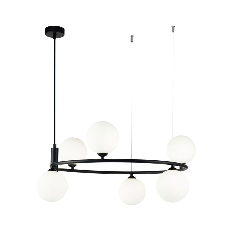 foto del prodotto lampadario contemporaneo ring metallo nero 6 luci e diffusori bianchi