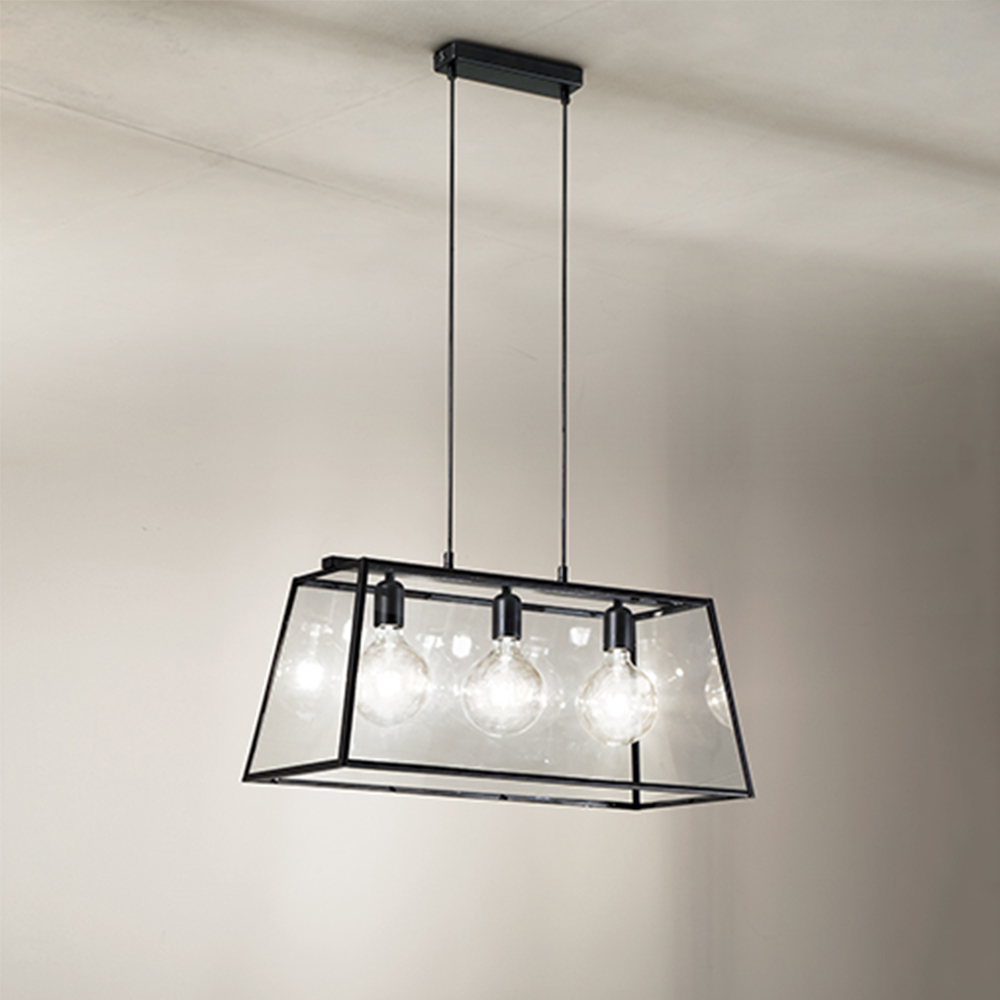 foto del prodotto lampadario contemporaneo teca metallo nero vetro 3 luci e27