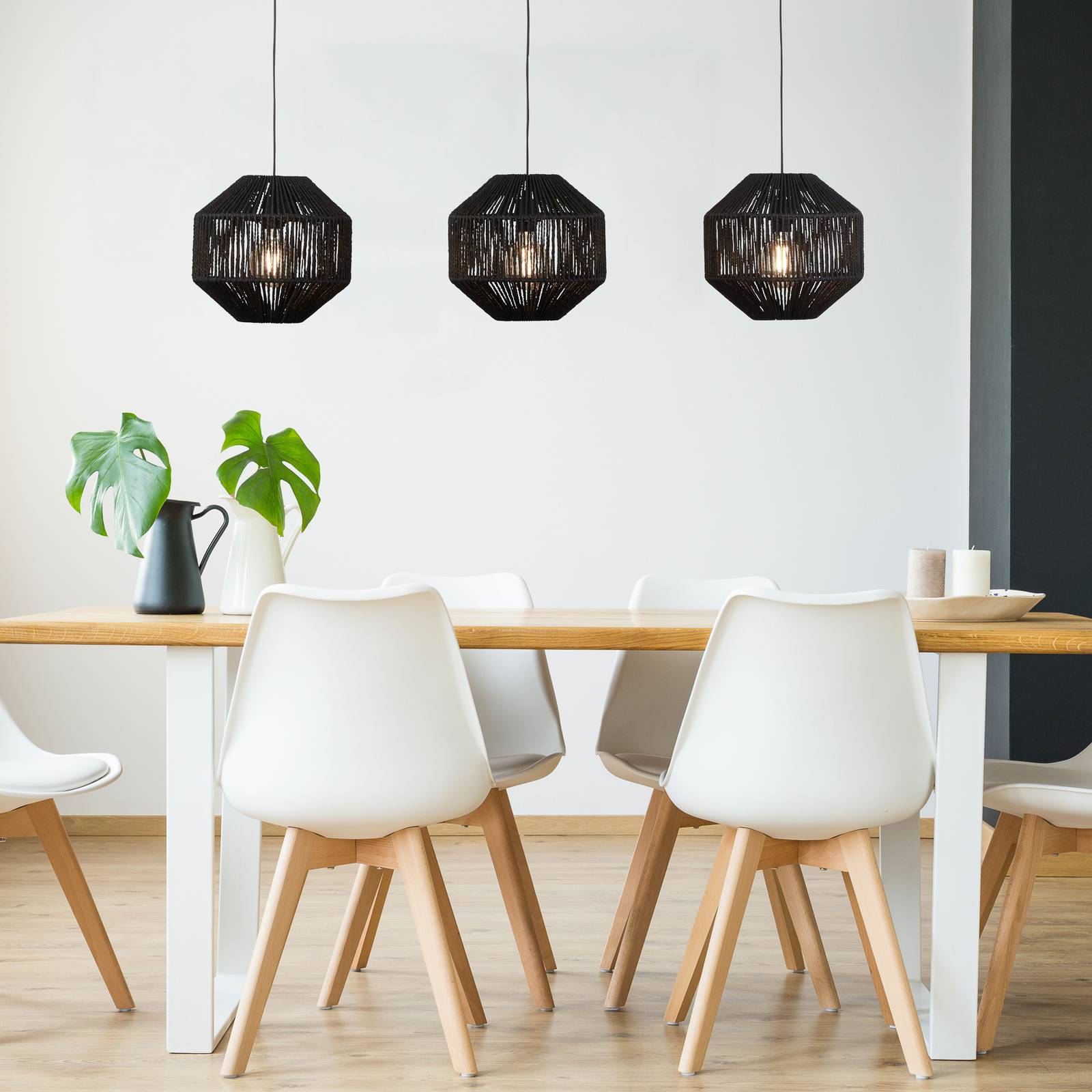 foto del prodotto lampadario contemporaneo vimini acciaio nero tessuto 3 luci e27