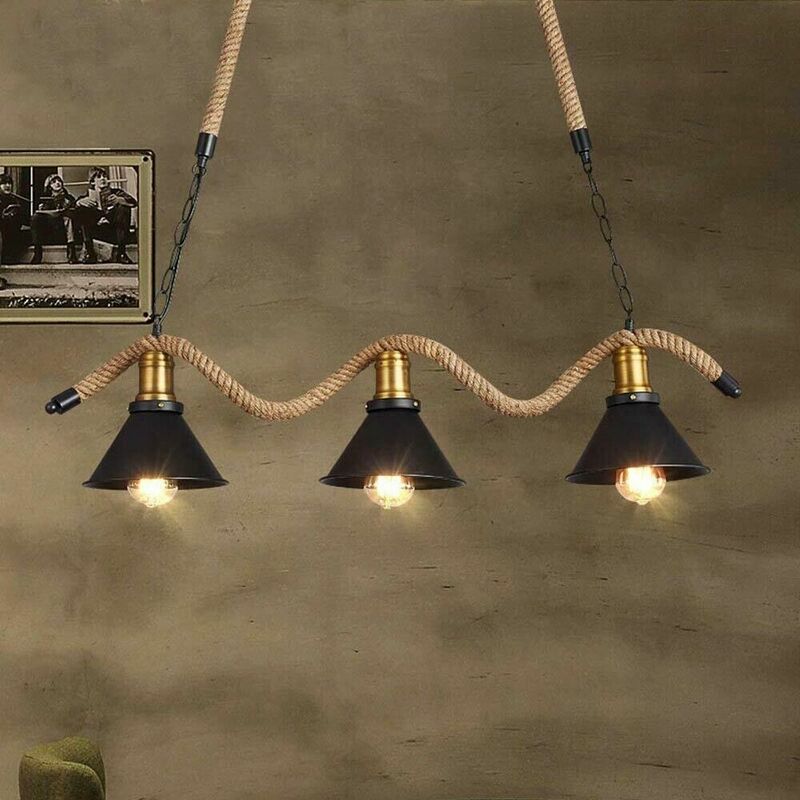 foto del prodotto lampadario corda in canapa paralume campana 3 portalampada e27 stile retr b24 3