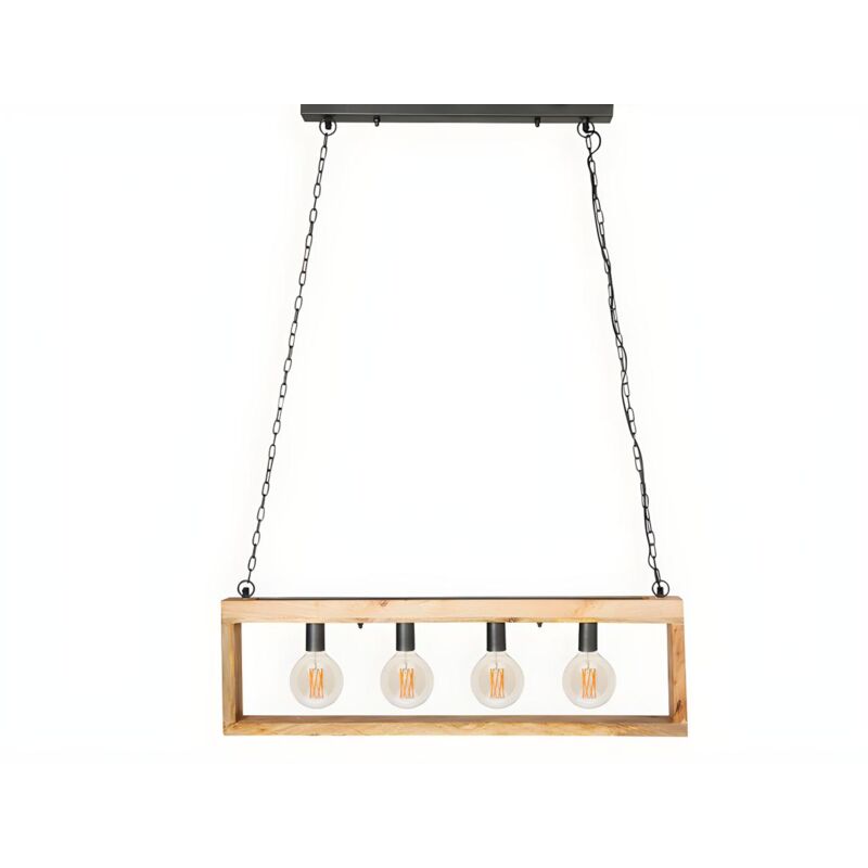foto del prodotto lampadario cornice rettangolare 4 lampadine h.31xl.100cm legno e metallo naturale e nero industriale olius