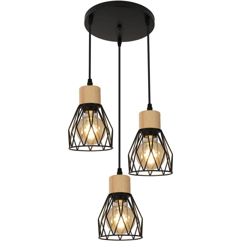 foto del prodotto lampadario da cucina, lampada a sospensione industriale, paralume a gabbia in ferro, plafoniera e27, altezza regolabile, 12 cm, nero, 3 luci goeco