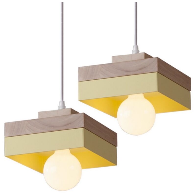 foto del prodotto lampadario da sospensione moderno lampada da sospensione metallo legno lustro soffitto regolabile giallo 2 pezzi