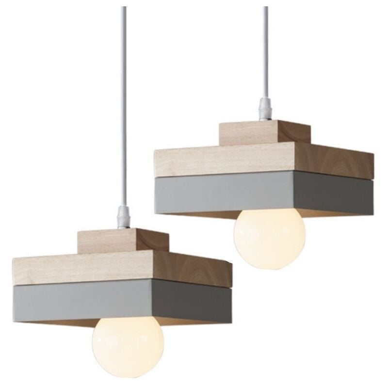 foto del prodotto lampadario da sospensione moderno lampada da sospensione metallo legno lustro soffitto regolabile grigio 2 pezzi