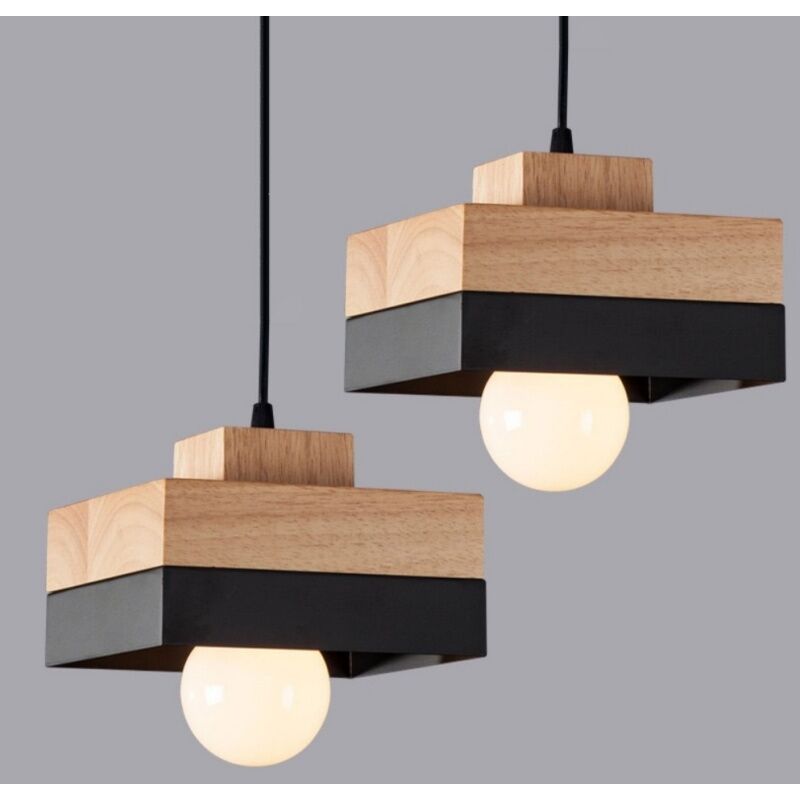 foto del prodotto lampadario da sospensione moderno lampada da sospensione metallo legno lustro soffitto regolabile nero 2 pezzi