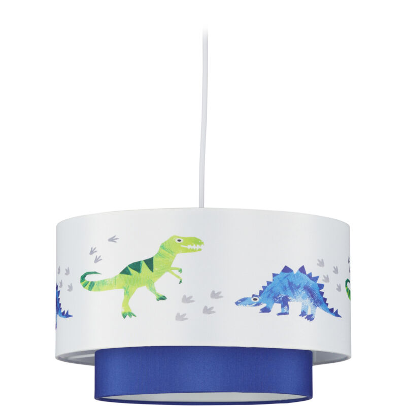 foto del prodotto lampadario dino, rotonda, paralume con disegni di dinosauri, cameretta, bambini, hxd 126x30 cm, bianco blu relaxdays