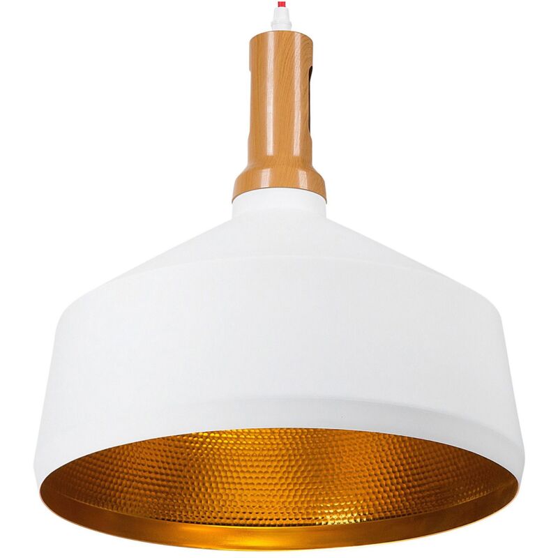 foto del prodotto lampadario effetto legno metallo bianco e oro con paralume a campana sepik