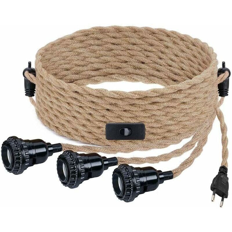 foto del prodotto lampadario fai da te monoblocco con corda di canapa, filo tessile, lampadario 3 e27 con presa interruttore, lampada con filo retr da 4,6 m, lampada