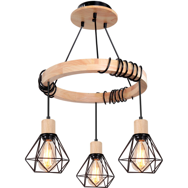 foto del prodotto lampadario gabbia diamantata in metallo e legno stile industriale moderno 3 luci lampada corda regolabile nero