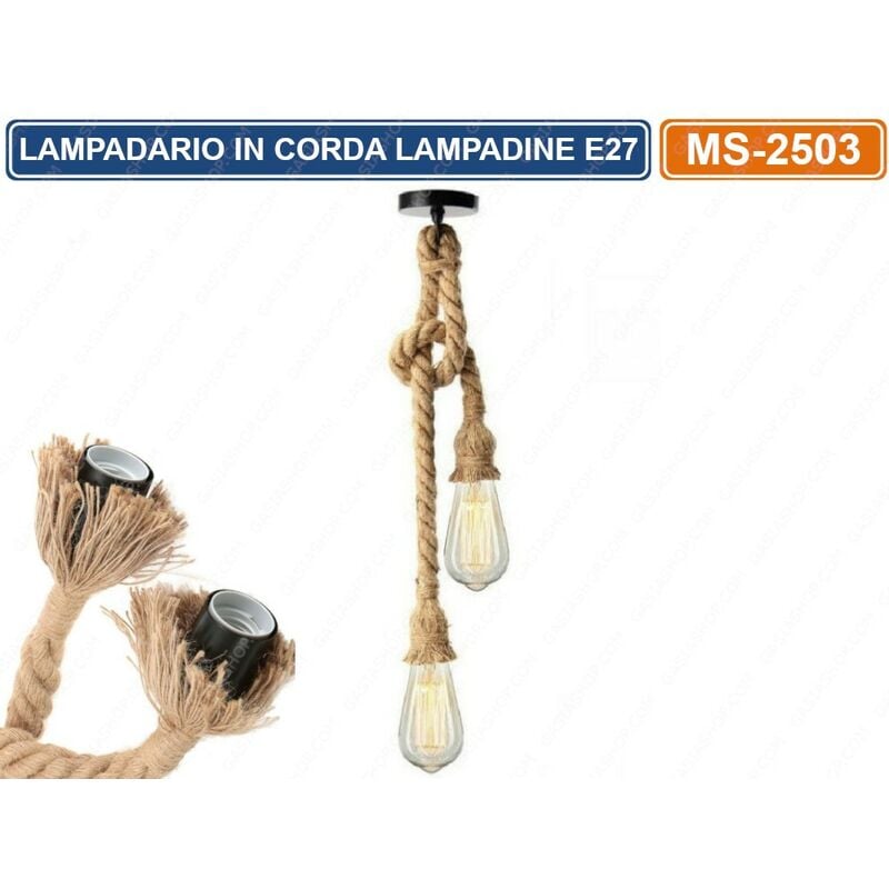 foto del prodotto lampadario in corda doppio con portalampada per lampadine attacco e27 2 metri