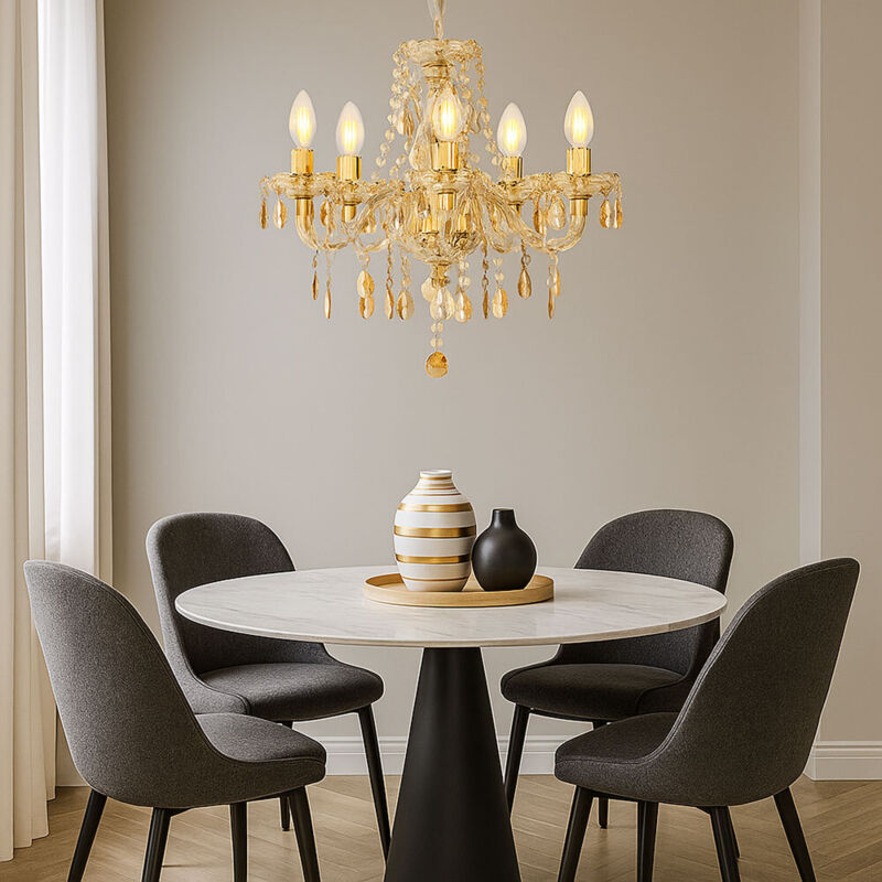 foto del prodotto lampadario in cristallo da soffitto lampada a sospensione lampadario da sala da pranzo lampada da soggiorno, metallo acrilico oro, 5 prese e14 a fiamma, dxh 48x150 cm