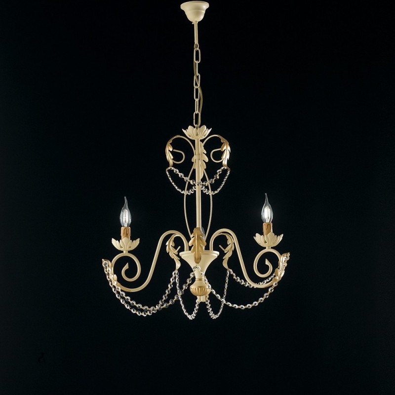 foto del prodotto lampadario in ferro avorio decape oro strass damasco tre luci 47x h60 cm