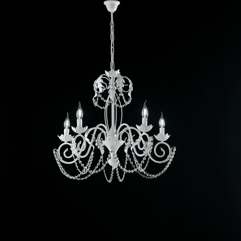 foto del prodotto lampadario in ferro bianco shabby strass damasco cinque luci 63x h65 cm