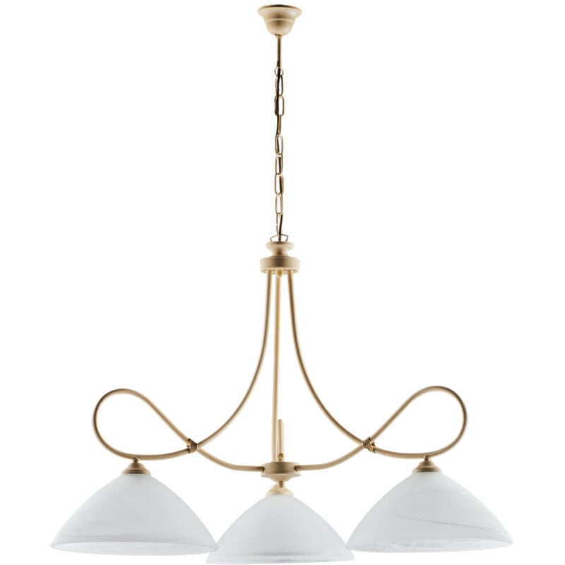 foto del prodotto lampadario in ferro laccato avorio con decorazione effetto decap e rifiniture in oro antico con diffusori in vetro diametro 13 alabastro bianchi 3