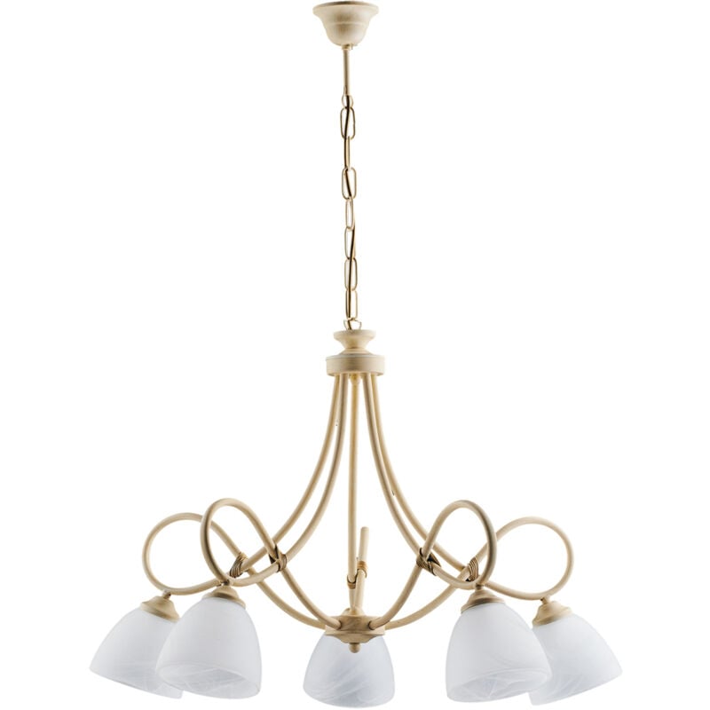 foto del prodotto lampadario in ferro laccato avorio con decorazione effetto decap e rifiniture in oro antico con diffusori in vetro diametro 13 alabastro bianchi 5