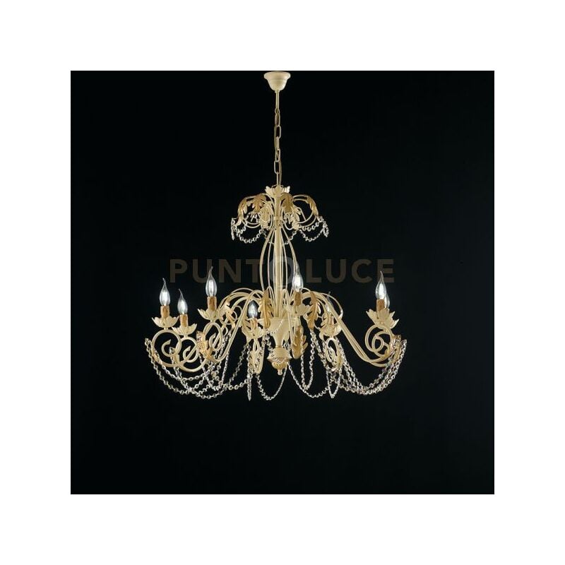 foto del prodotto lampadario in ferro laccato avorio con decorazione effetto decap e rifiniture oro antico con strass in cristallo 8 luci