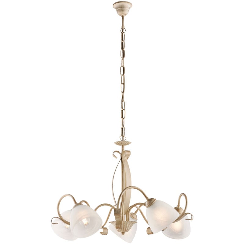 foto del prodotto lampadario in ferro laccato avorio con decorazione oro antico e diffusori in vetro diametro 13 alabastro bianchi 5 luci