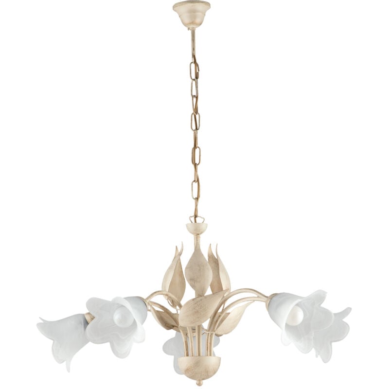 foto del prodotto lampadario in ferro laccato avorio con decorazione oro antico e diffusori in vetro diametro 14 alabastro bianchi 5 luci