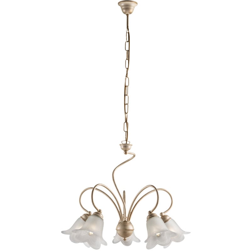 foto del prodotto lampadario in ferro laccato avorio con decorazione oro antico e diffusori in vetro diametro 14 alabastro bianchi 5 luci