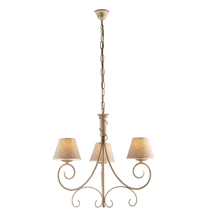foto del prodotto lampadario in ferro laccato avorio con decorazione oro antico e paralumi diametro 13 in pvc effetto tessuto juta 3 luci
