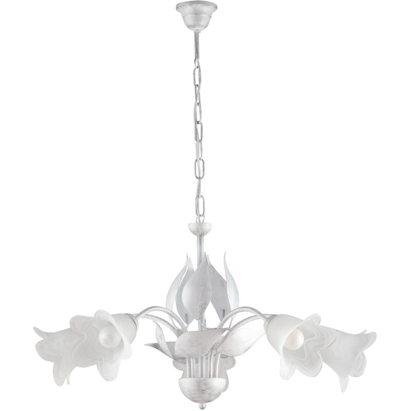 foto del prodotto lampadario in ferro laccato bianco con decorazione argento antico e diffusori in vetro diametro 14 alabastro bianchi 5 luci