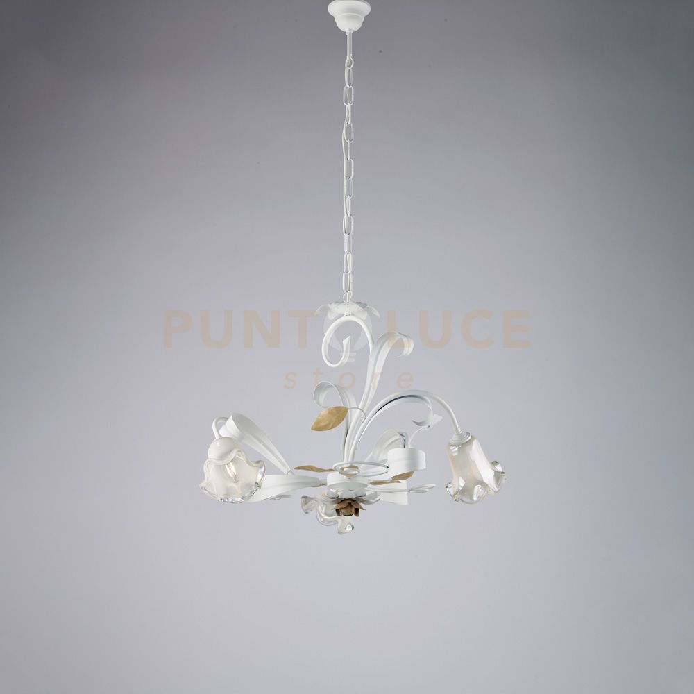 foto del prodotto lampadario in ferro laccato bianco shabby 3 luci cesto