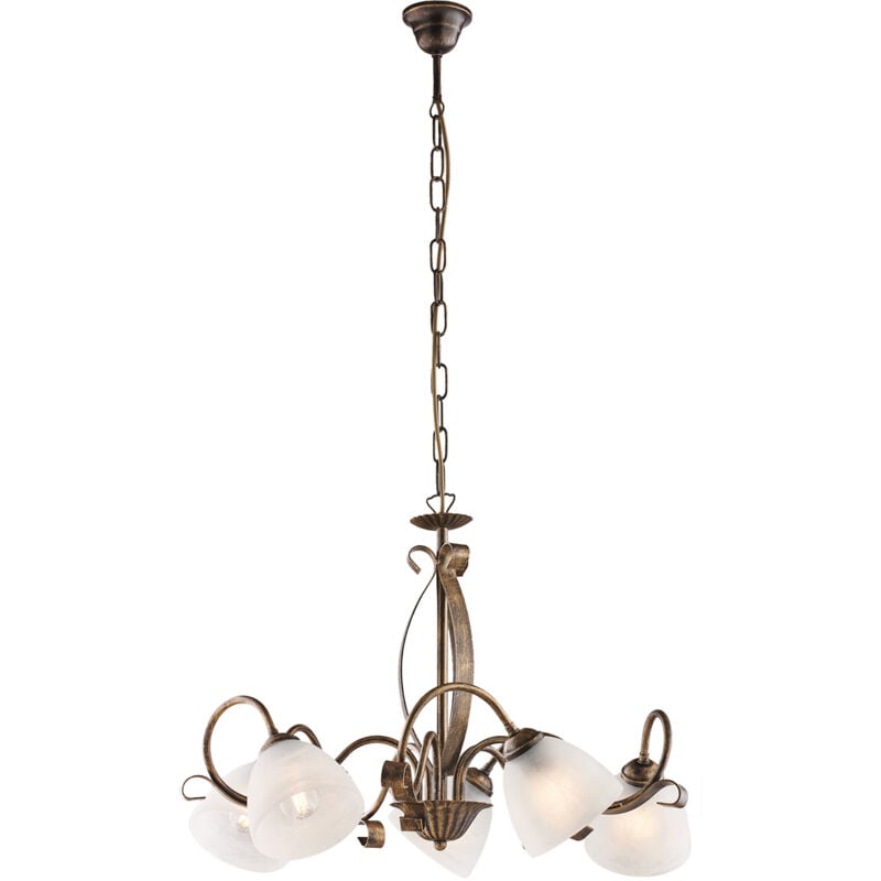 foto del prodotto lampadario in ferro laccato marrone con decorazione oro antico e diffusori in vetro diametro 13 alabastro bianchi 5 luci