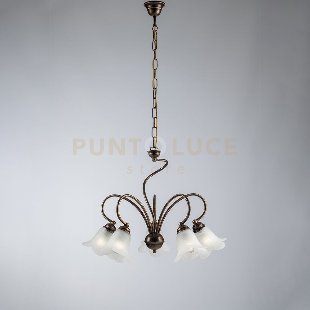 foto del prodotto lampadario in ferro laccato marrone con decorazione oro antico e diffusori in vetro diametro 14 alabastro bianchi 5 luci
