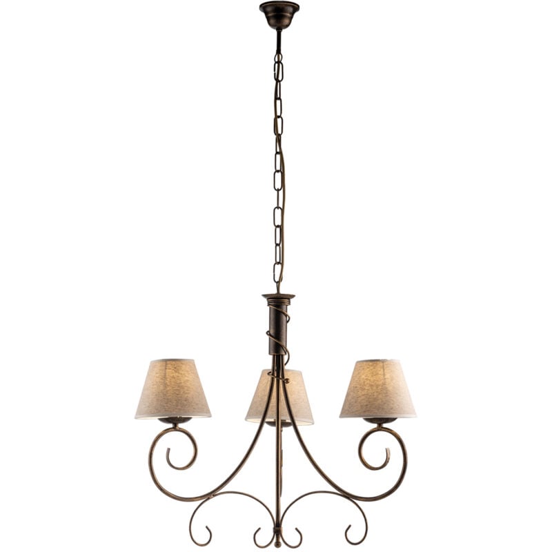 foto del prodotto lampadario in ferro laccato marrone con decorazione oro antico e paralumi diametro 13 in pvc effetto tessuto juta 3 luci