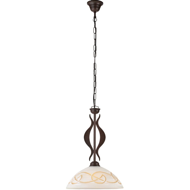 foto del prodotto lampadario in ferro laccato nero con decorazione effetto ruggine e diffusore in vetro diametro 30 bianco e ambra 1 luce