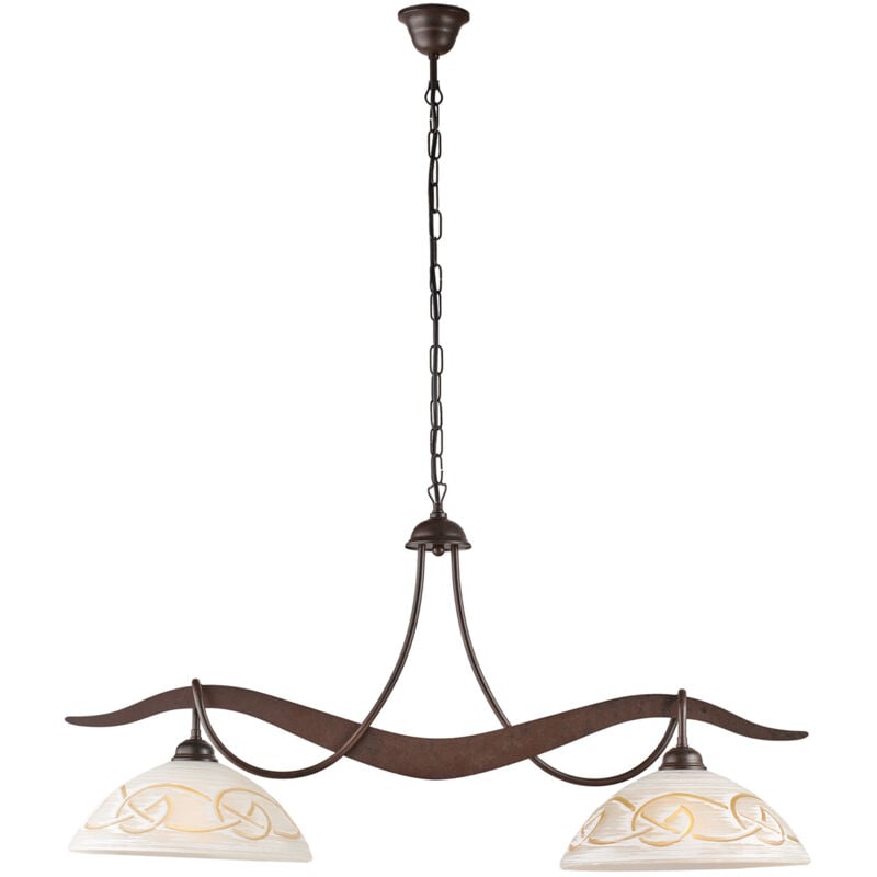 foto del prodotto lampadario in ferro laccato nero con decorazione effetto ruggine e diffusori in vetro diametro 30 bianchi e ambra 2 luci