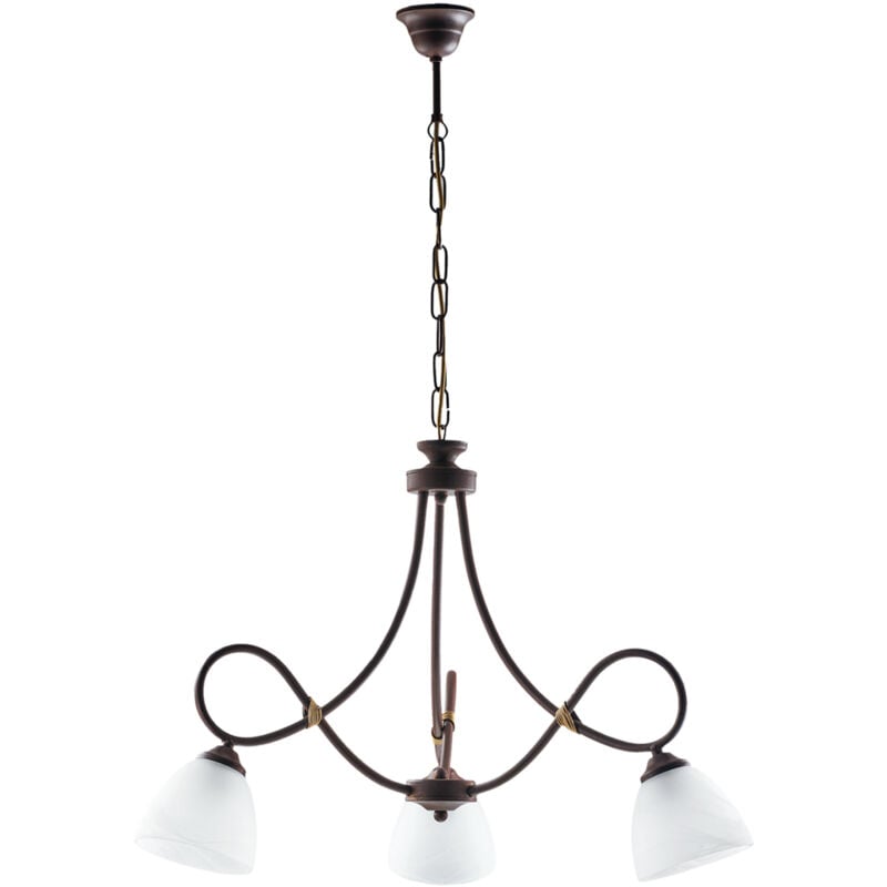 foto del prodotto lampadario in ferro laccato nero con decorazione effetto ruggine e rifiniture oro antico con diffusori in vetro diametro 13 alabastro bianchi 3 luci