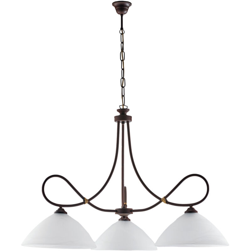 foto del prodotto lampadario in ferro laccato nero con decorazione effetto ruggine e rifiniture oro antico con diffusori in vetro diametro 13 alabastro bianchi 3 luci