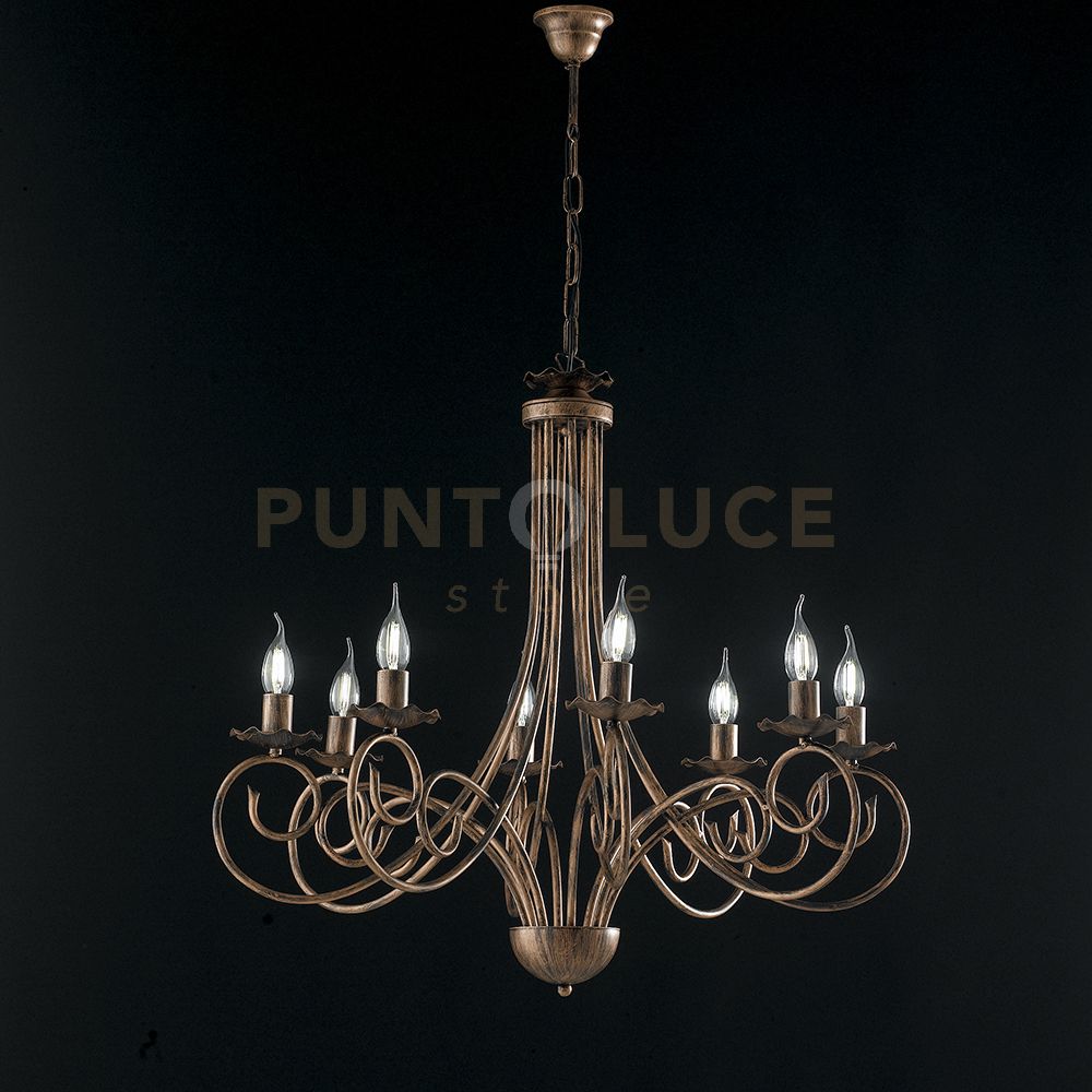 foto del prodotto lampadario in ferro laccato nero con decorazione rame antico 8 luci