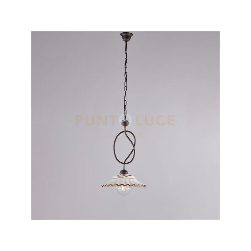 foto del prodotto lampadario in ferro laccato nero e decorazione effetto ruggine con diffusore in ceramica diametro 30 bianco e marrone 1 luce