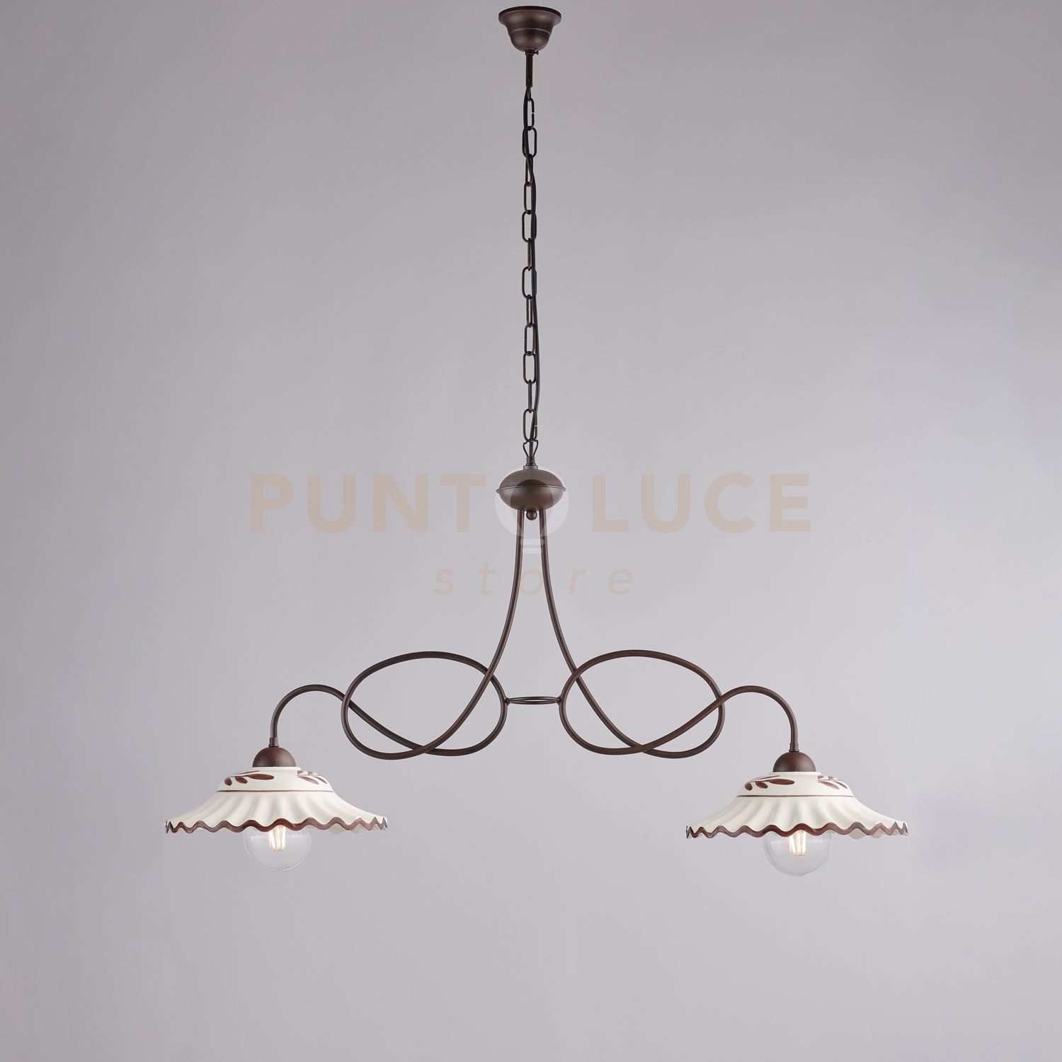 foto del prodotto lampadario in ferro laccato nero e decorazione effetto ruggine con diffusori in ceramica diametro 30 bianco e marrone 2 luci