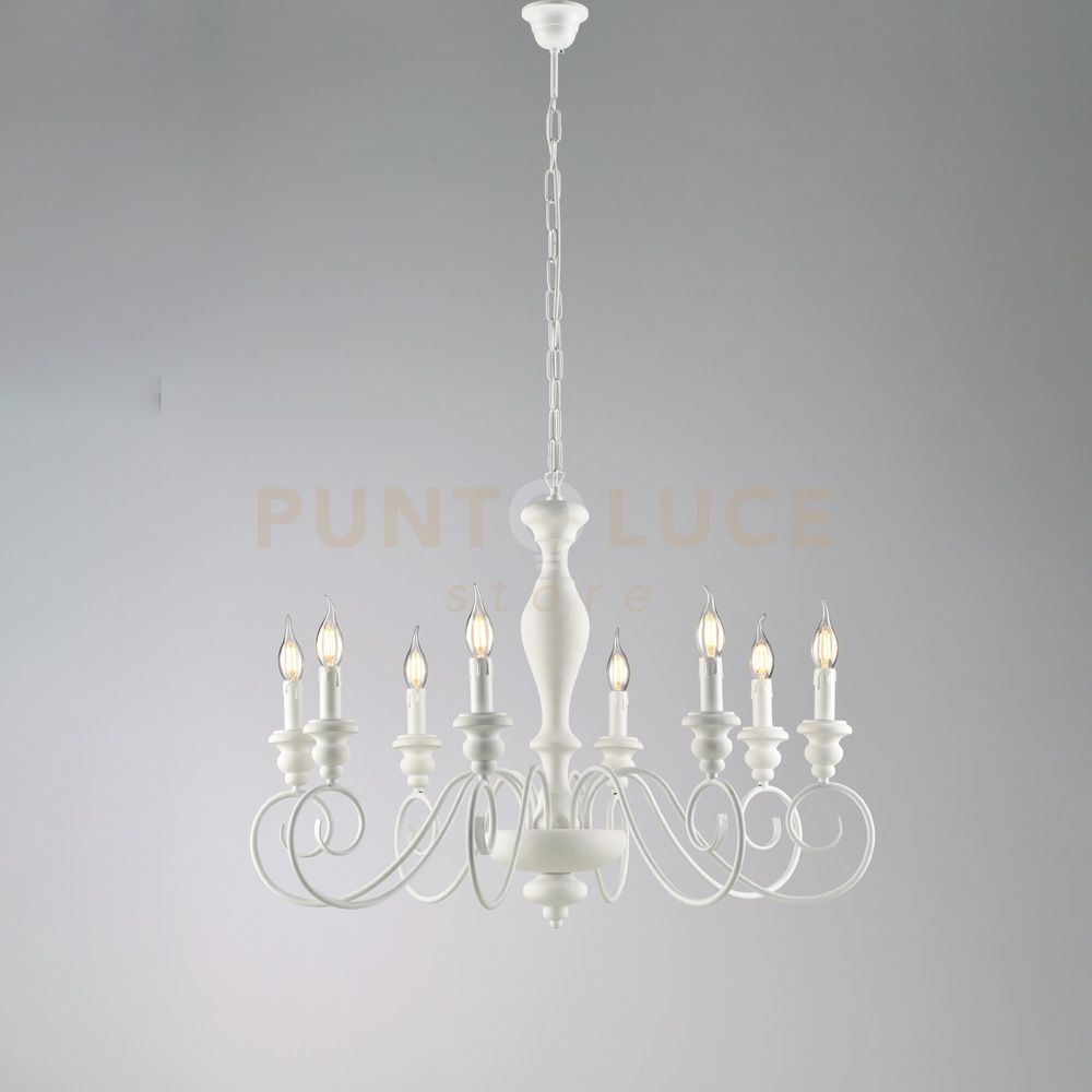 foto del prodotto lampadario in legno e ferro laccato bianco shabby 8 luci cascina