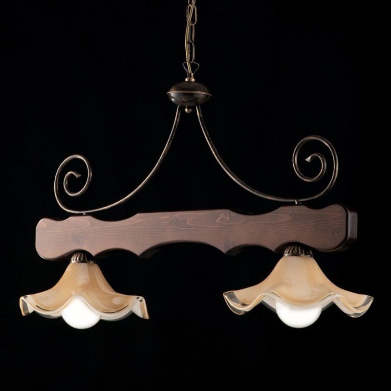foto del prodotto lampadario in legno e ferro noce antico due luci paralumi in vetro 88x h50 cm