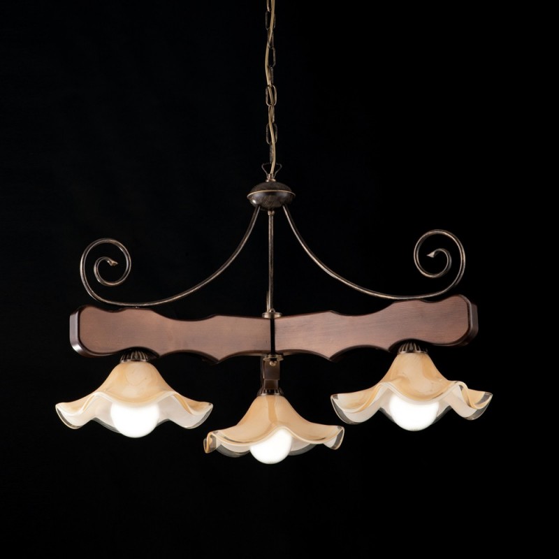 foto del prodotto lampadario in legno e ferro noce antico tre luci paralumi in vetro 80x h50 cm