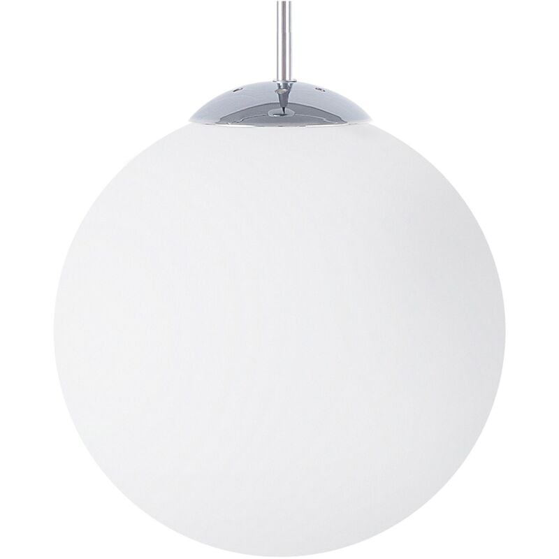 foto del prodotto lampadario in metallo argentato grande paralume sferico in vetro bianco barrow l